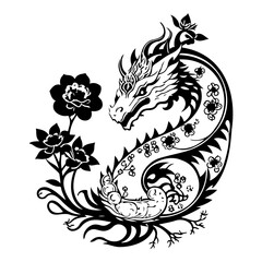Majestic dragon entwined with floral ornaments in a monochrome symbolic design