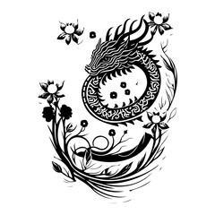 Stylized monochrome dragon entwined with floral elements creating an intricate artwork