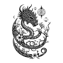 A monochrome depiction of a dragon entwined with cherry blossoms and oriental lanterns