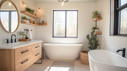 Light-filled bathroom with minimalistic floating shelves, white subway tiled walls, black fixtures, handwoven basket storage, soft wooden accents, large round mirror, calming Scandinavian design,