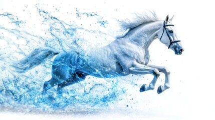 White horse leaping through water splash, powerful motion,  isolated background, digital art, photorealistic