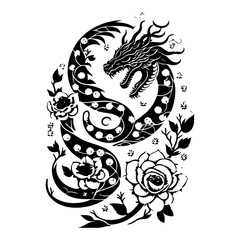 Enigmatic dragon silhouette entwined within an ornate floral arrangement illustration
