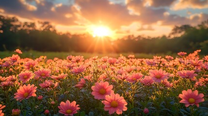 Fototapeta premium Sunlit Flower Field with Colorful Blossoms Under Beautiful Evening Sky at Sunset Time