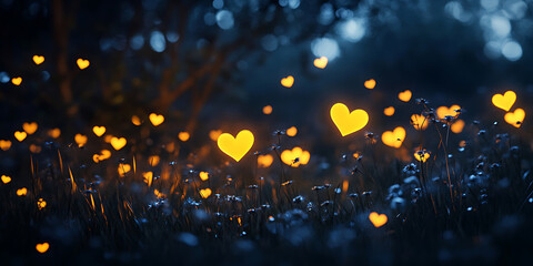 Dreamy Nighttime Scene with Glowing Hearts for Romantic Atmosphere