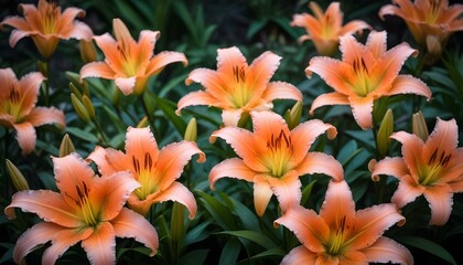 Naklejka premium Vibrant orange lilies flourishing in a garden, showcasing the beauty of nature in full bloom.