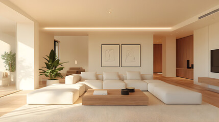 Open plan living room, modular white sofa, large low wooden coffee table, statement ceiling light, framed minimalist line drawings on the wall, potted snake plant, creamy textured walls, oak