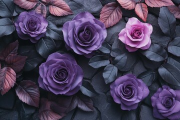 Top view: A moody array of purple roses with dark leaves and petals. Use as background, floral arrangement, or for a dark romantic theme.