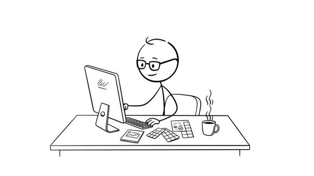 Drawing of Person Working on Computer at Desk