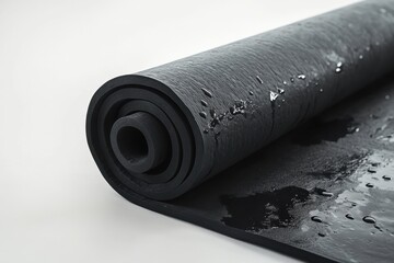A black yoga mat is wet and rolled up