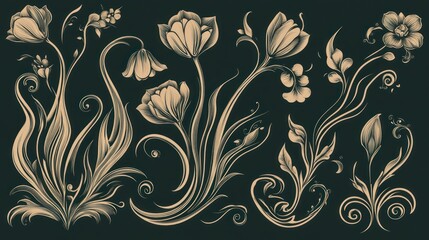 Elegant floral design elements, dark background, decorative art, for design projects