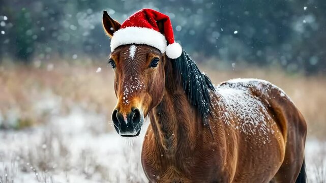 Festive horse playfully enjoys snowfall wearing santa hat in winter wonderland