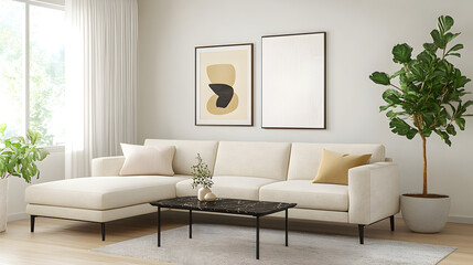 Elegant Scandinavian living room, L-shaped light beige sofa, black marble rectangular coffee table, abstract minimalistic wall art, oak wood floors, indoor monstera plants, neutral linen curtains,