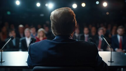 Fototapeta premium Speaker at podium, political rally, crowd in background