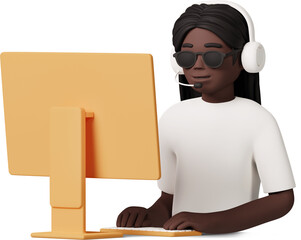 blind girl sitting in headset in front of computer