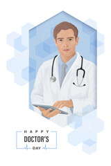 Doctor day vector illustration with doctor holding a tablet