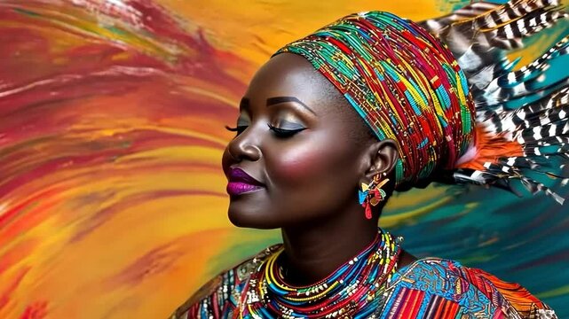 Colorful portrait transformation: vibrant headwrap and artistic beauty in motion