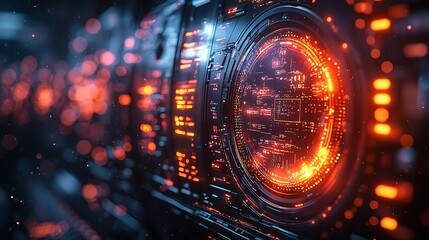 Futuristic Technology Background with Glowing Circuits and Digital Elements in Orange and Black