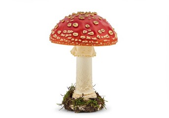 Fly agaric mushroom with red cap and white spots on a white background