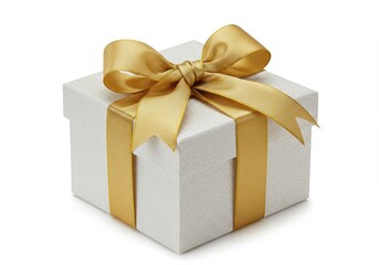 Obraz premium White gift box with golden ribbon and bow isolated on white background