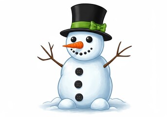 Cartoon snowman with top hat, carrot nose, and twig arms on white background