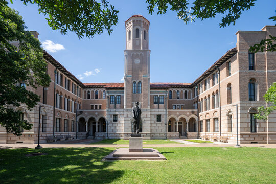 Houston, TX, USA - Apr 13, 2025: Bronze statue of Edgar Odell Lovett, Rice University's first president, located in the Keck Hall courtyard on the university's campus in Houston, Texas.