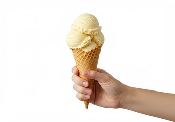 Hand holding a vanilla ice cream cone with three scoops on white background