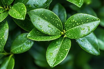 Close-up of dew drops on green leaves, natural background, macro photography