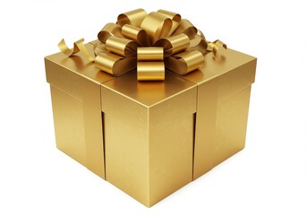 Gold gift box with ribbon bow isolated on white background for celebration concept