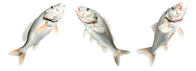 Set of White fish with cod detailed scales, open mouth, and fins isolated on white transparent background, concept of marine wildlife.