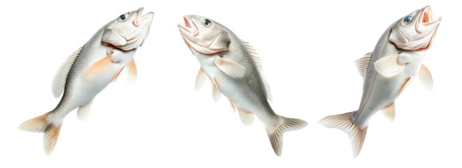 Set of White fish with cod detailed scales, open mouth, and fins isolated on white transparent background, concept of marine wildlife.