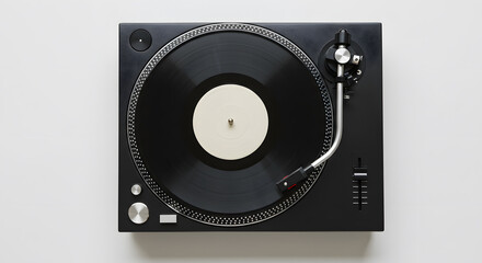 Overhead View: Black Turntable with Blank White Vinyl Record