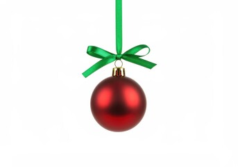 Red christmas ornament hanging with green ribbon on white background