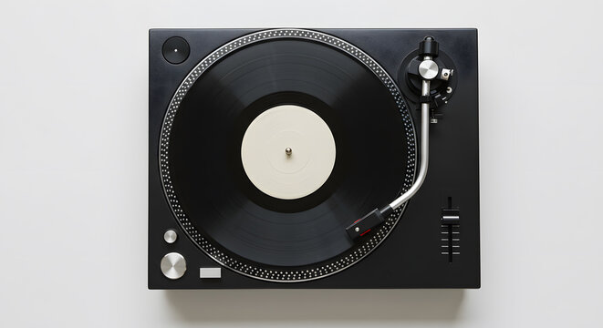 Overhead View: Black Turntable with Blank White Vinyl Record