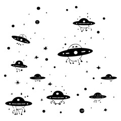 Playful pattern with whimsical spaceships amidst celestial bodies and cosmic dust