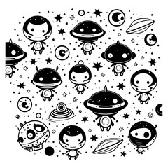 Monochrome Cartoon Aliens and Space Elements Pattern in Black and White