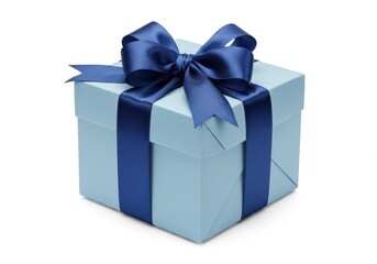 Obraz premium Light blue gift box with dark blue ribbon and bow isolated on white background
