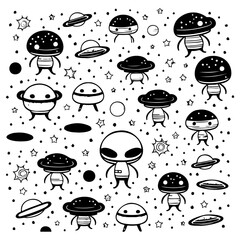 Monochrome extraterrestrial beings seamless pattern, whimsical cosmic creatures scattered