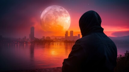 Fototapeta premium Silhouette figure by lake, large moon, city skyline at dusk