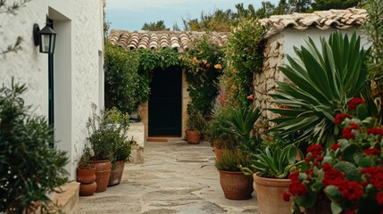 Fototapeta premium A picturesque stone path leading to a dark doorway entrance