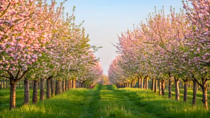 Naklejka premium Serene Pink Blossom Trees Lining a Tranquil Pathway Under a Clear Blue Sky