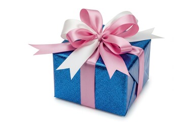 Blue gift box with pink and white ribbon on a white background