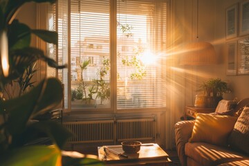 A living room with lights turned off during the day. A person opens the blinds to let natural light in. The mood is bright and mindful