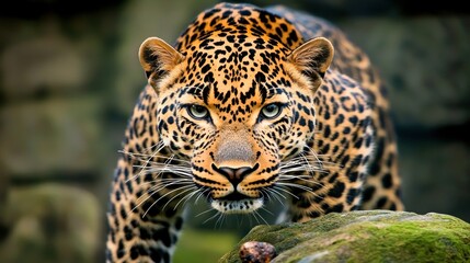 Obraz premium Majestic leopard stares intently, zoo enclosure background