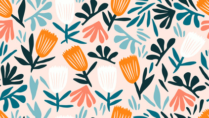 Abstract Сontemporary Seamless Pattern with Leaves and Flowers in Trendy Boho Style. Vector Botanical Texture. Seamless Pattern for Scandinavian Design. Modern Trendy Collage Template