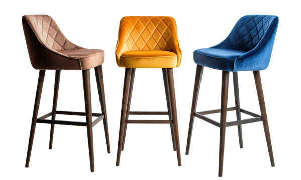 Set of colorful bar stools with quilted backs, isolated on transparent cutout background