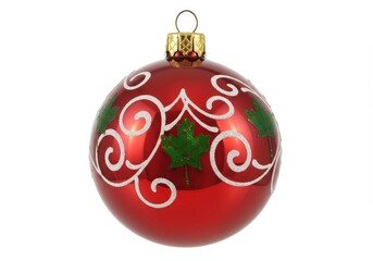 Red christmas ornament with maple leaf and swirl design on white background
