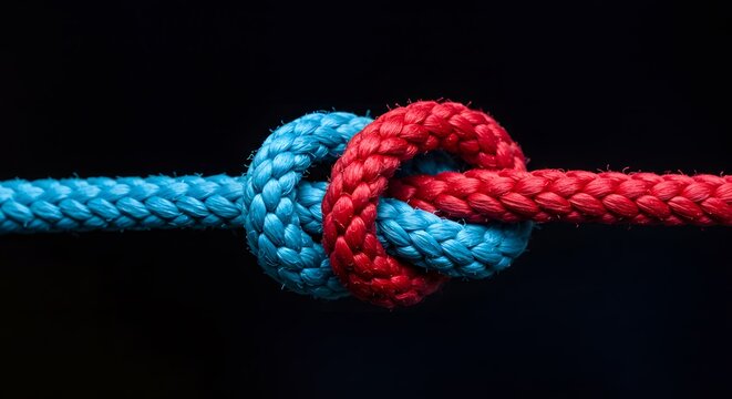 Tied knot of red and teal blue ropes