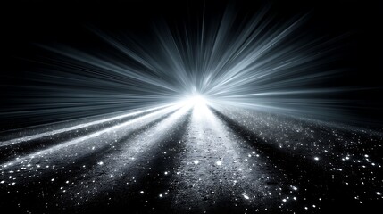 Streaks of light radiate from a central point. The ground below appears to be speckled with small lights.