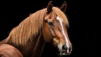 Obraz premium Portrait of a brown horse in stable, black background
