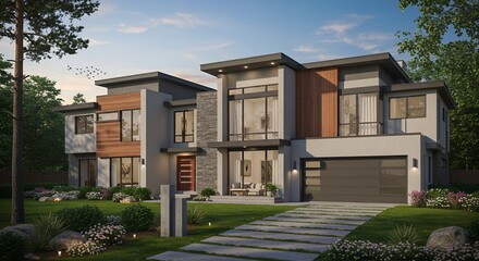 Fototapeta premium Modern Luxury House Exterior Architectural Design Home Real Estate Property Showcase Image